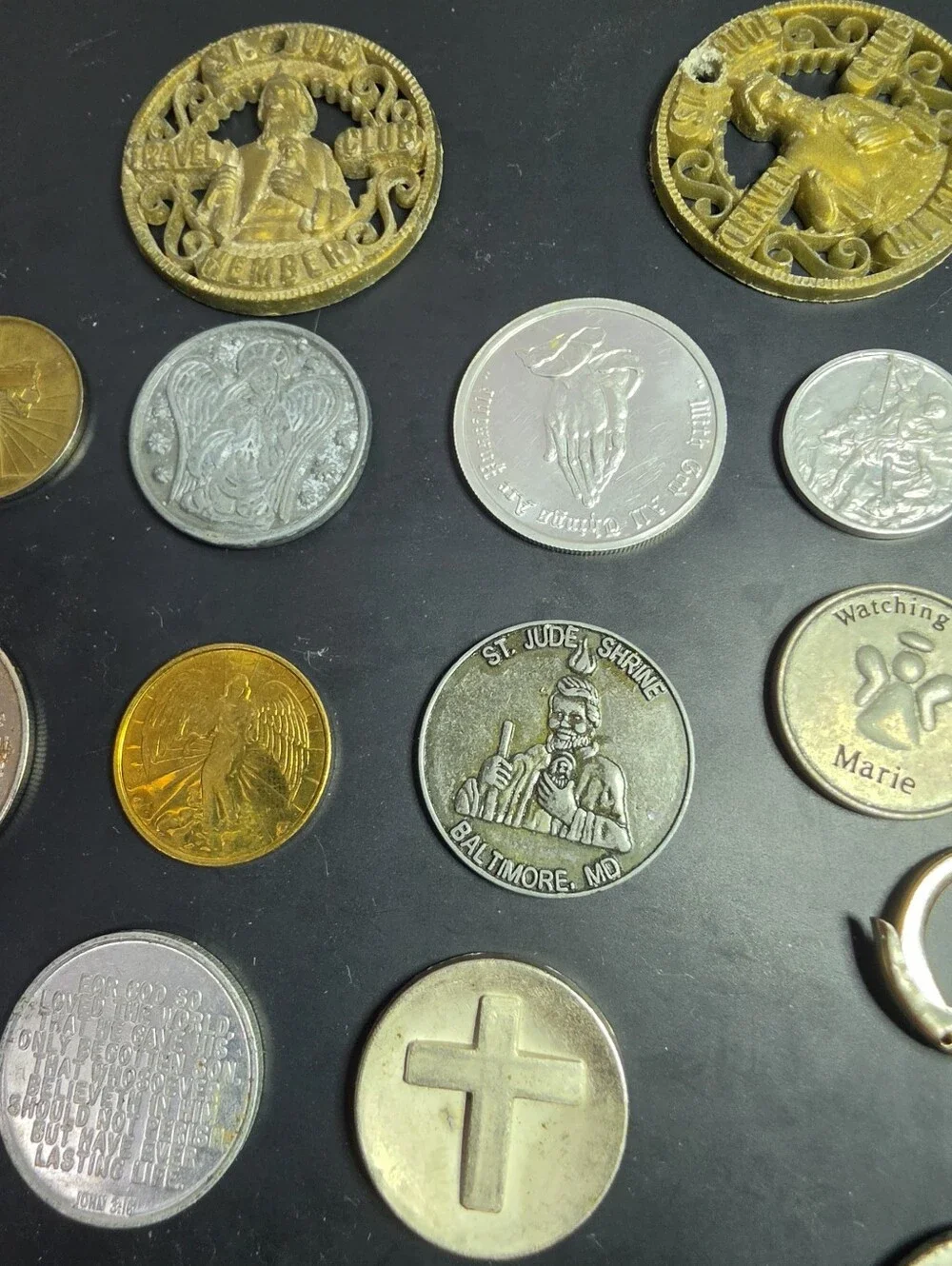 Religious Medal Keychain and Assorted Faith Tokens - Gold & Silver 21 Pieces